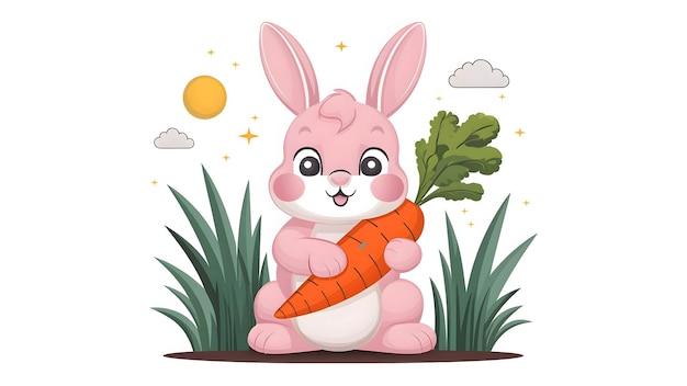 Conejo de dibujos animados con una zanahoria en fondo blanco