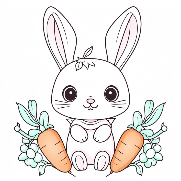 Foto conejo de dibujos animados con zanahorias y hojas en un fondo blanco