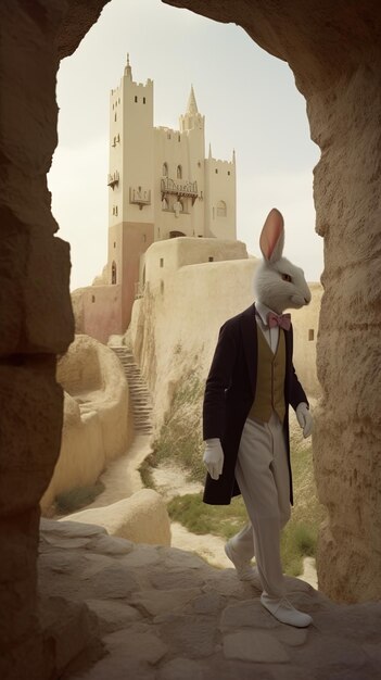 Foto un conejo con un disfraz de conejo está caminando a través de un edificio