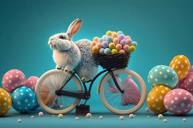 Conejo divertido de Pascua en una bicicleta huevos de colores sobre un fondo azul IA generativa