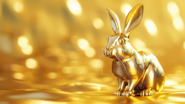 Foto un conejo dorado se sienta en una superficie dorada el conejo está mirando a la izquierda del marco el fondo es un color dorado borroso