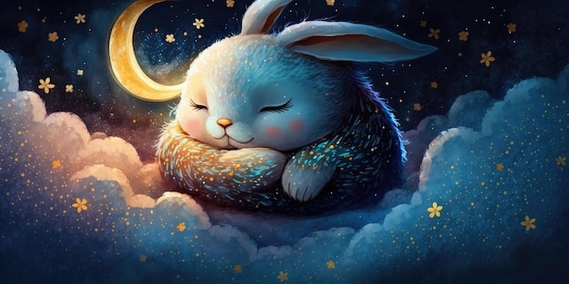 Un conejo durmiendo en una nube con luna y estrellas.