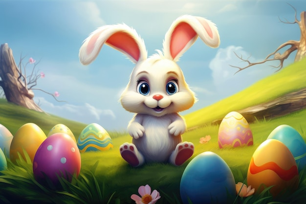 Un conejo encantador entre huevos de Pascua y flores IA generativa