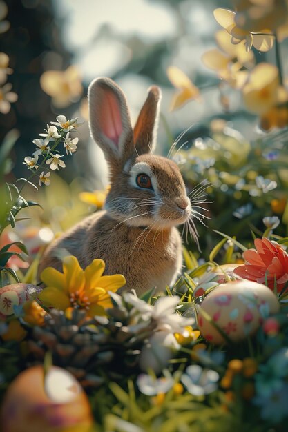 Un conejo encantador en medio de vibrantes flores de primavera y huevos de Pascua con patrones en un jardín mágico
