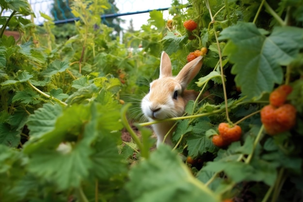Un conejo escondido en los arbustos masticando una zanahoria.