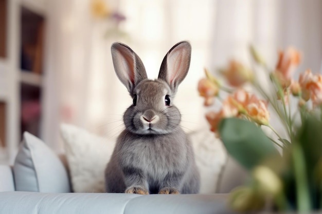 Conejo esponjoso en una acogedora habitación retrato doméstico