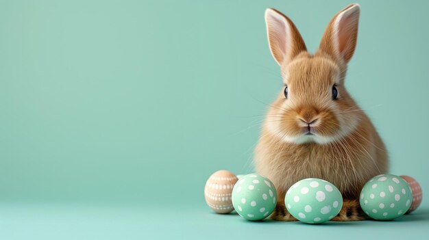 Conejo esponjoso con huevos de Pascua festivos sobre un fondo verde