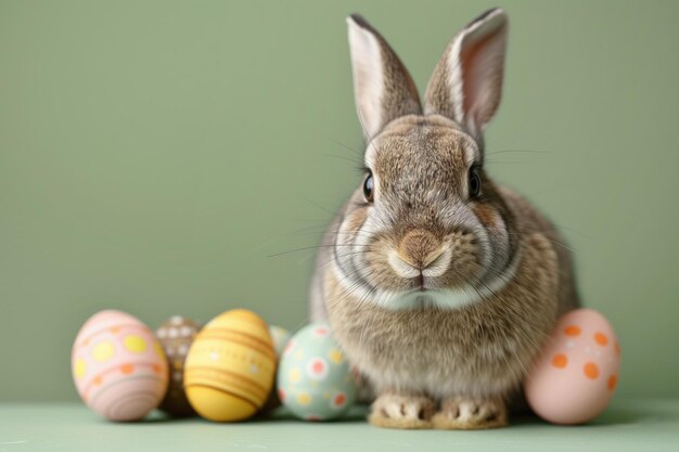 Conejo esponjoso sentado entre huevos de Pascua