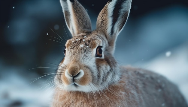 Conejo esponjoso se sienta en la nieve luciendo lindo generado por IA