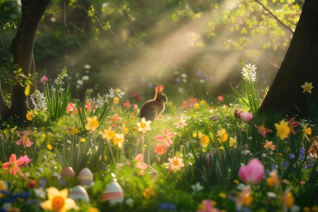 Un conejo está anidado entre las flores en un prado del bosque