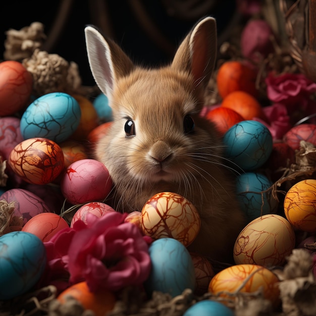 un conejo está en una canasta de huevos de Pascua