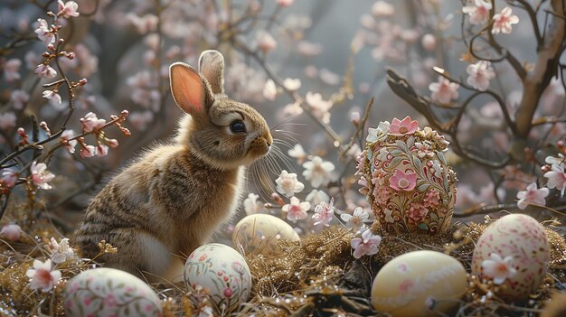 un conejo está mirando a un conejo con huevos en el fondo