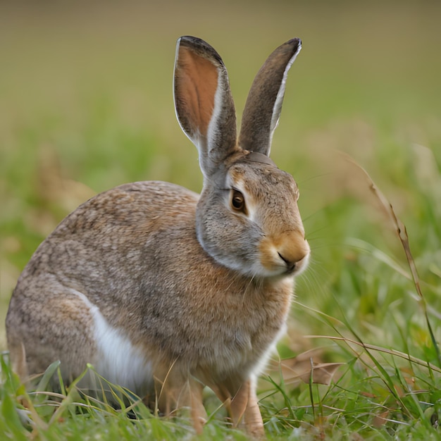 un conejo está de pie en la hierba y mirando a la cámara