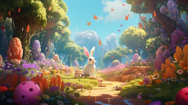 El conejo está de pie en el medio de un bosque colorido ai