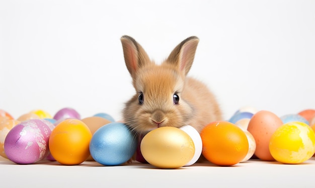 un conejo está rodeado de huevos y un conejito está rodeado por huevos