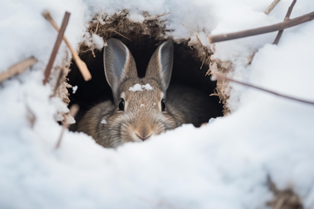 un conejo está sentado en un agujero en la nieve