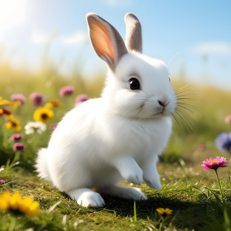 un conejo está sentado en un campo de flores y la imagen de un conejo se toma en primer plano