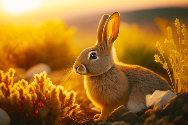 El conejo está sentado en un campo de hierba y flores al atardecer con el sol detrás de él IA generativa