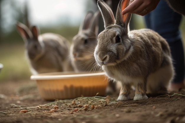 Un conejo está sentado en un campo y los otros conejos miran a la cámara.