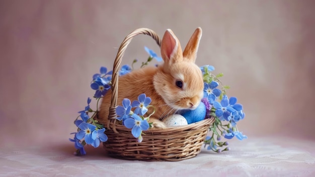 Un conejo está sentado en una canasta con flores y huevos