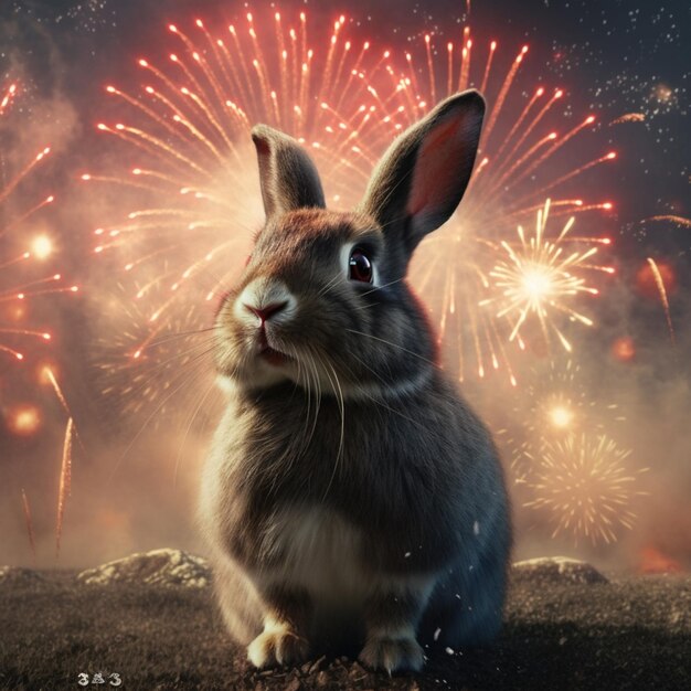 Un conejo está sentado frente a los fuegos artificiales que dicen "53".