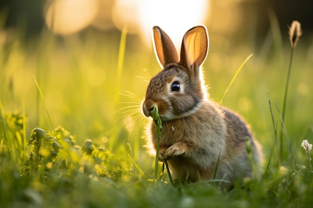 un conejo está sentado en la hierba comiendo hierba