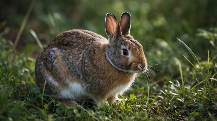 un conejo está sentado en la hierba y mirando a la cámara