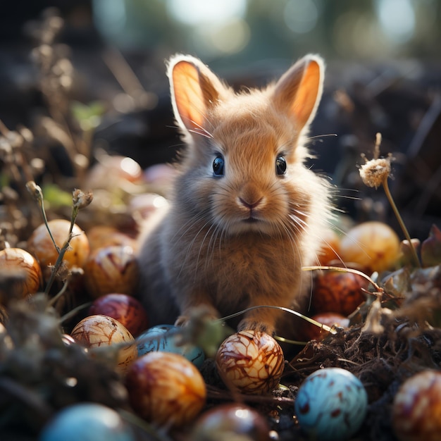 un conejo está sentado en una pila de huevos