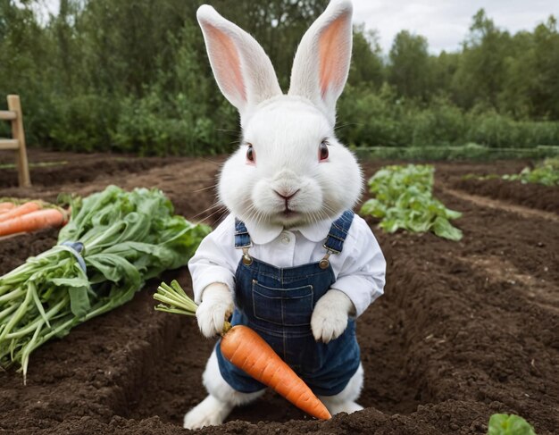 un conejo está sosteniendo una zanahoria en un jardín