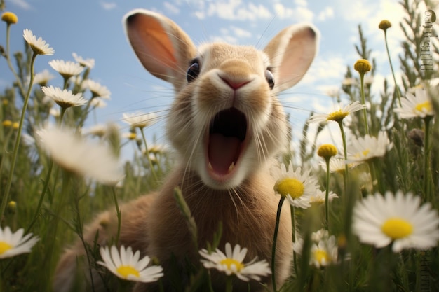 Un conejo estornudando en un campo de margaritas.