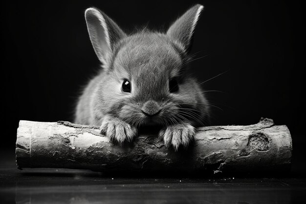 Foto un conejo con una expresión determinada rozando un juguete para mascar