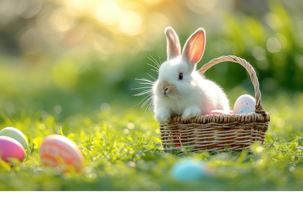 Conejo feliz con huevos de Pascua en la hierba festiva generativa ai