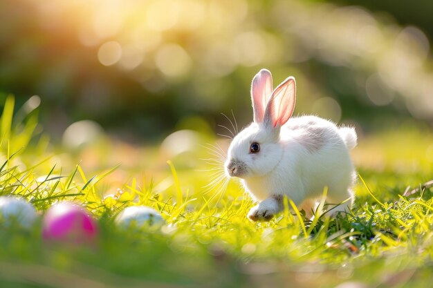 Conejo feliz con huevos de Pascua en la hierba festiva generativa ai