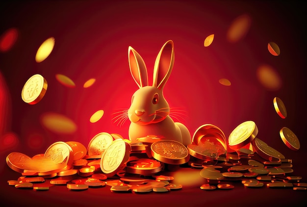 Foto conejo feliz con monedas de oro chinas y lingotes para el festival del año nuevo chino ahorros de dinero y concepto económico ia generativa