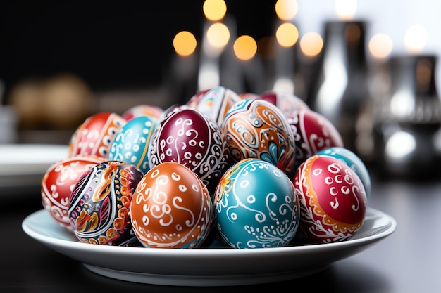 Conejo feliz con muchos huevos de Pascua coloridos concepto de día de Pascua con dulces o flores de nido de conejo