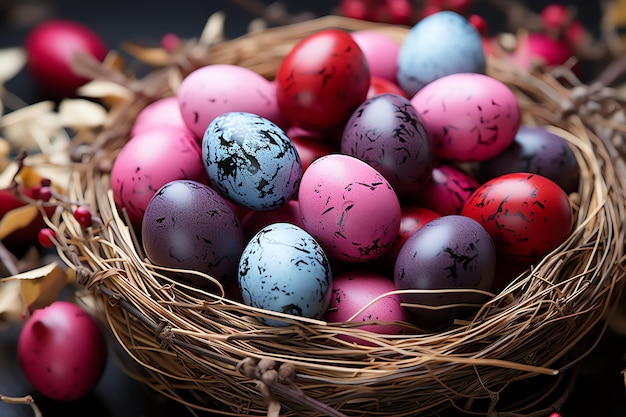 Conejo feliz con muchos huevos de Pascua coloridos concepto de día de Pascua con dulces o flores de nido de conejo