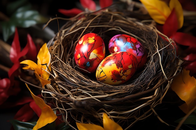 Conejo feliz con muchos huevos de Pascua coloridos concepto de día de Pascua con dulces o flores de nido de conejo