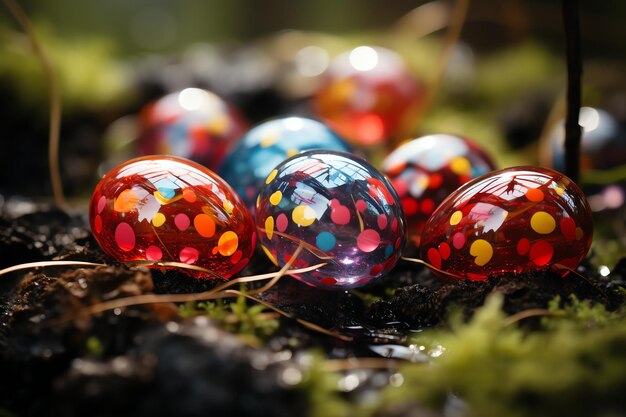 Conejo feliz con muchos huevos de Pascua coloridos concepto de día de Pascua con dulces o flores de nido de conejo