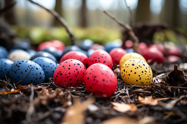 Conejo feliz con muchos huevos de Pascua coloridos concepto de día de Pascua con dulces o flores de nido de conejo