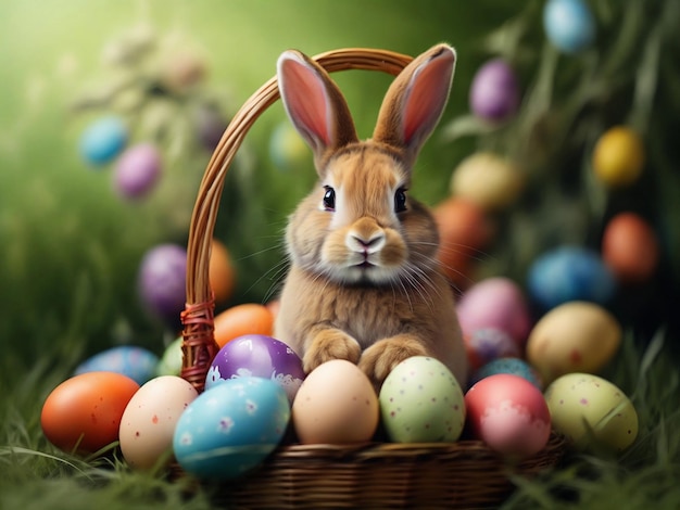 El conejo feliz con muchos huevos de Pascua en el fondo festivo de la hierba para la decoración