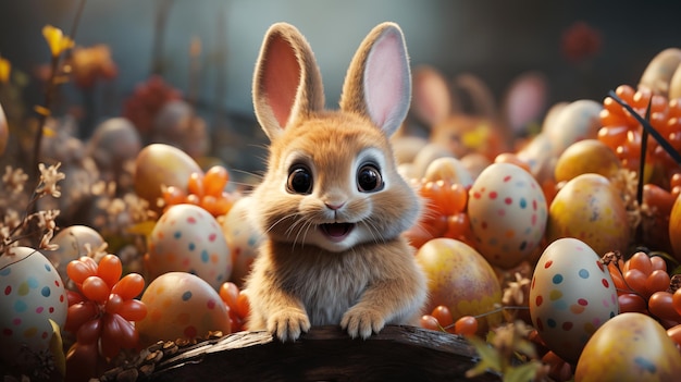 Conejo feliz con muchos huevos de Pascua en el fondo festivo de la hierba