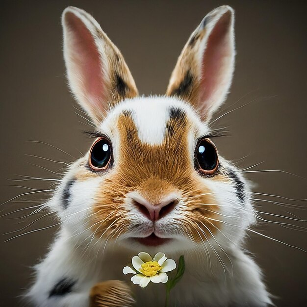 un conejo con una flor en la boca