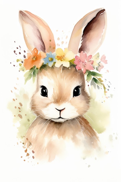 conejo con flores en la cabeza Ilustración de acuarela de Pascua