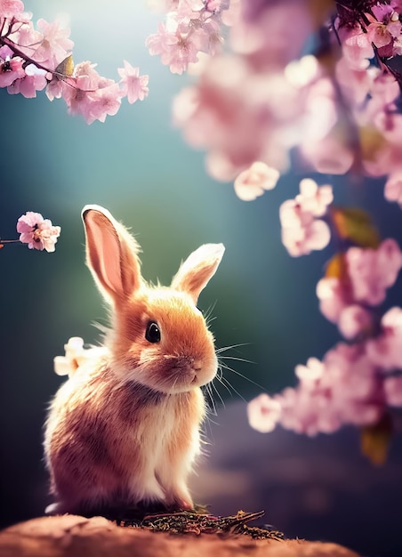 Un conejo en un fondo florido.