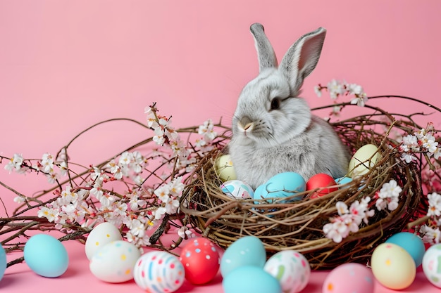 Conejo fotorrealista anidado en un nido tejido en medio de huevos azules y rosados AI generativa