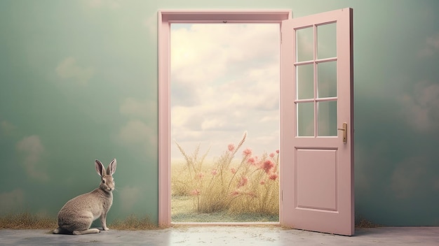 Conejo frente a una puerta abierta