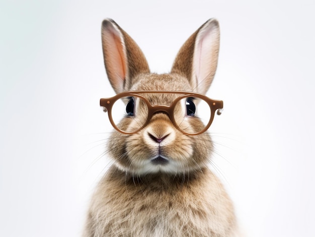 Foto un conejo con gafas de fondo blanco.