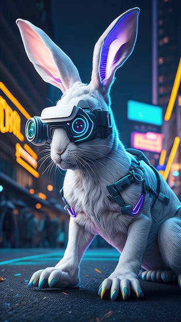 Un conejo con gafas futuristas se para frente a un letrero de neón que dice 'cyberpunk'