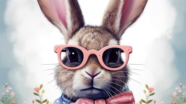 Un conejo con gafas y pajarita con pajarita azul y pajarita.
