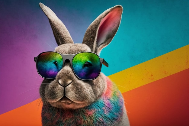 Un conejo con gafas de sol de arco iris y gafas de sol de colores del arco iris